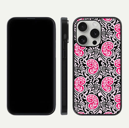 Crimson Paisley Charm Glass Case for iPhone 16 Pro dual-view layout displaying HD print and curved polish