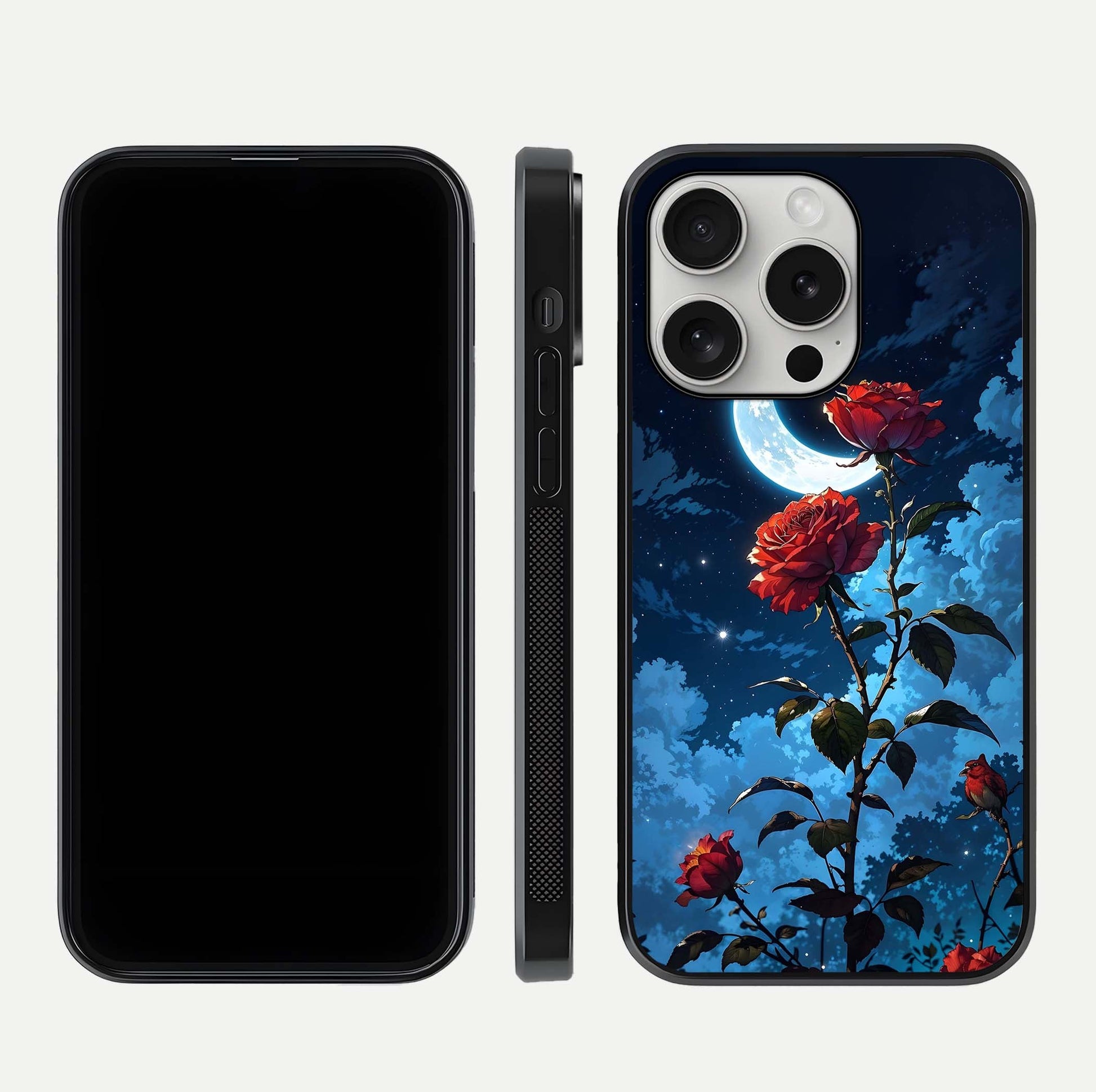 Crimson Rose Moon Glass Case for iPhone 16 Pro dual-view layout displaying red tones and soft gloss