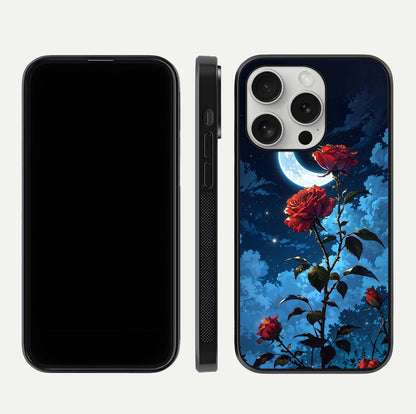 Crimson Rose Moon Glass Case for iPhone 16 Pro dual-view layout displaying red tones and soft gloss