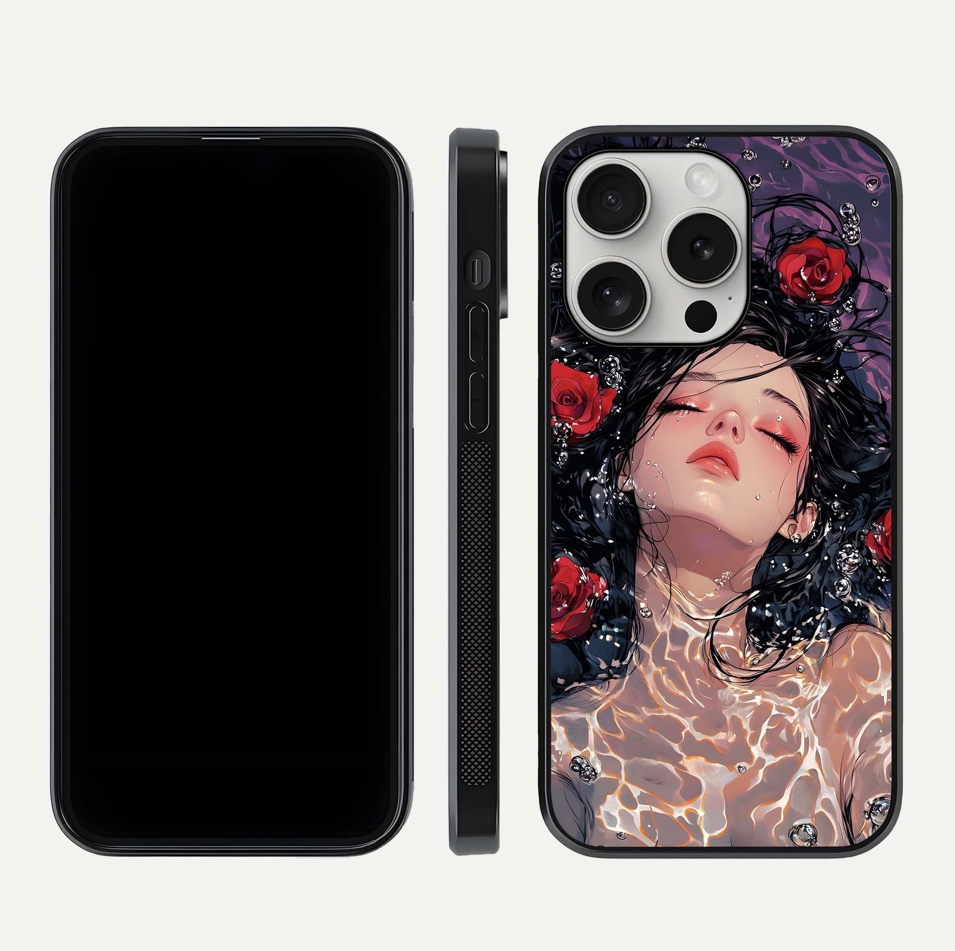 Crimson Rose Serenity Glass Case for iPhone 16 Pro dual-view layout displaying serenity tones and curved glass