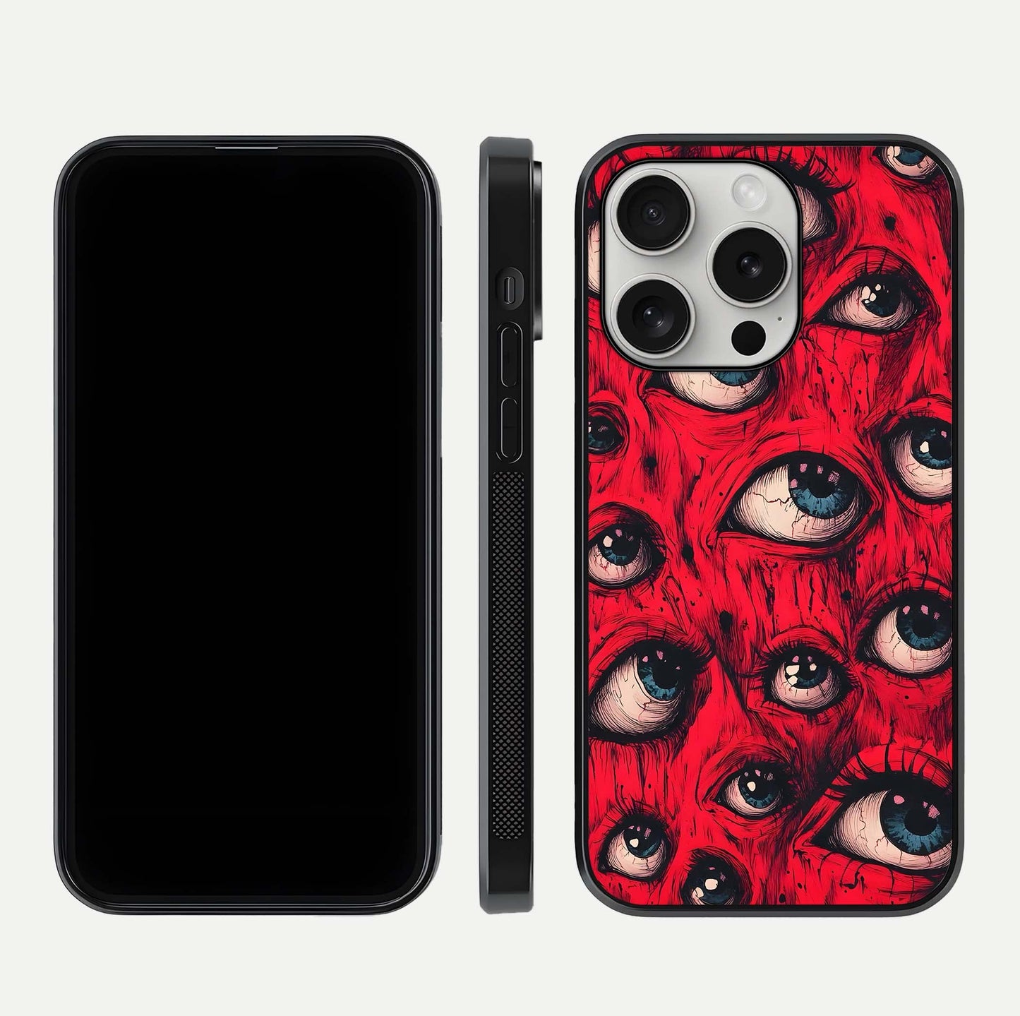 Crimson Watch Eyes Glass Case for iPhone 16 Pro dual-view layout displaying abstract tones and curved edges