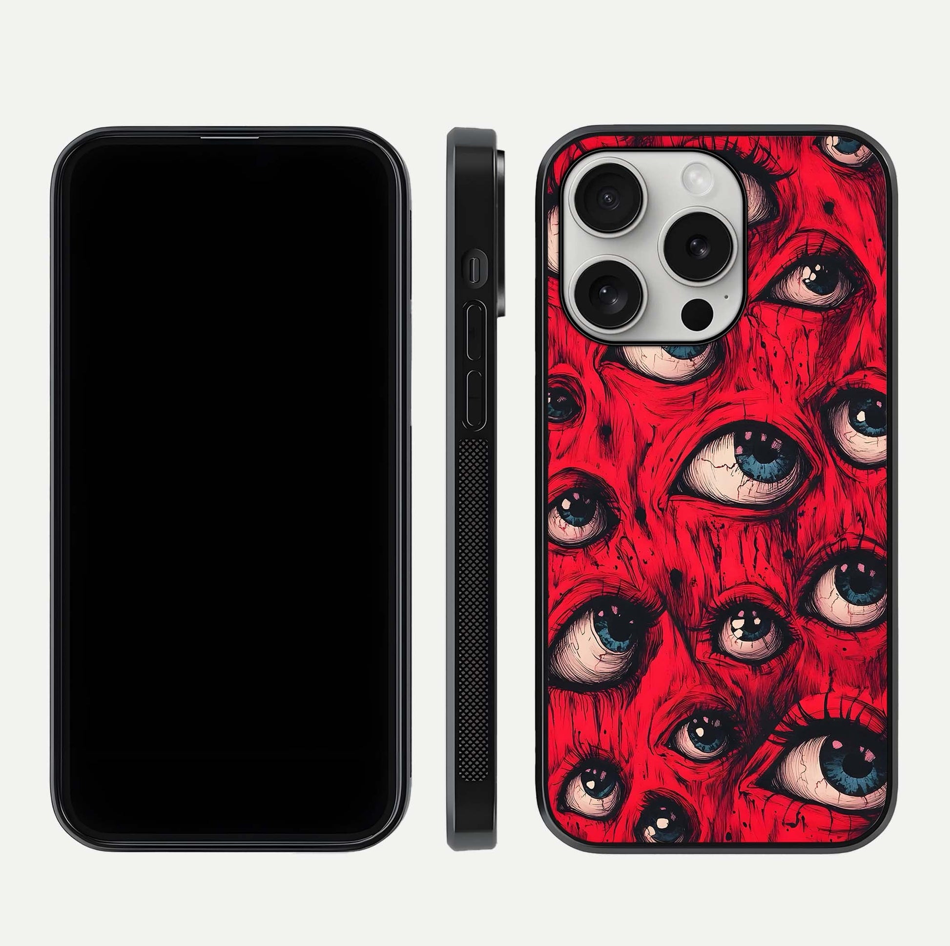 Crimson Watch Eyes Glass Case for iPhone 16 Pro dual-view layout displaying abstract tones and curved edges