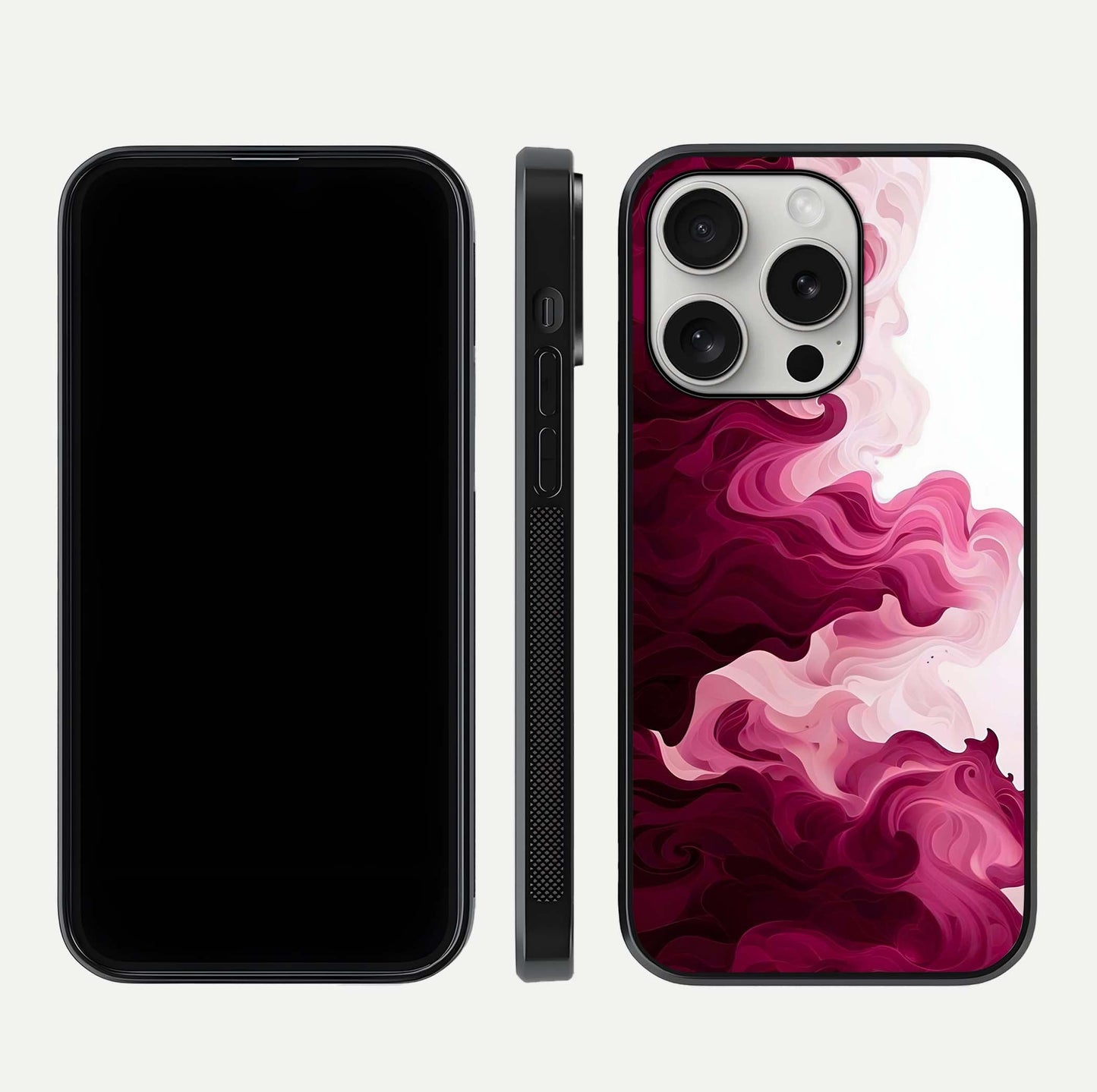 Crimson Wave Flow Glass Case for iPhone 16 Pro dual-view layout displaying curved wave art and polished surface
