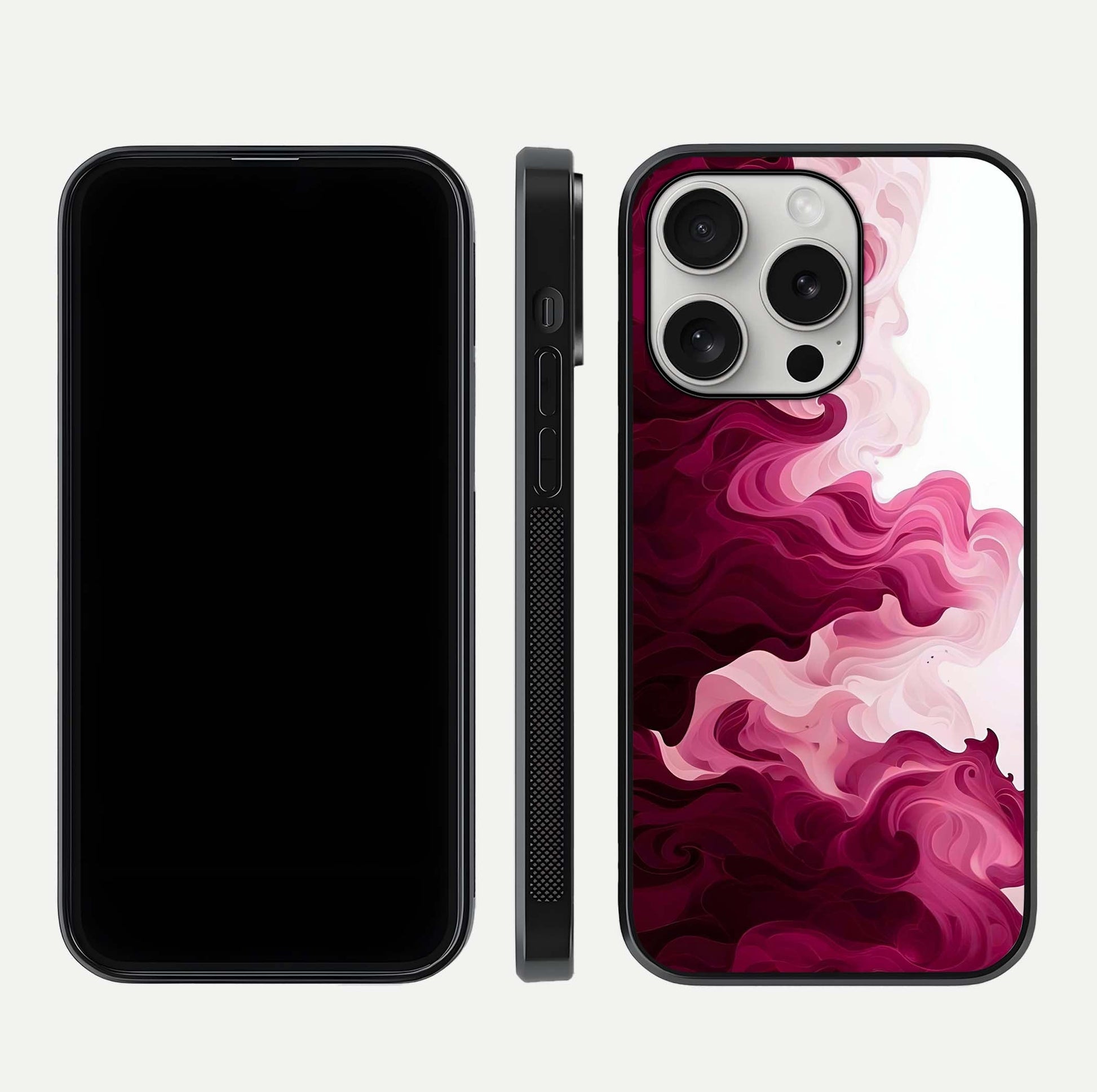 Crimson Wave Flow Glass Case for iPhone 16 Pro dual-view layout displaying curved wave art and polished surface