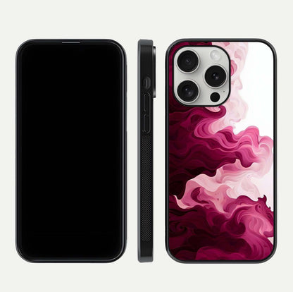 Crimson Wave Flow Glass Case for iPhone 16 Pro dual-view layout displaying curved wave art and polished surface
