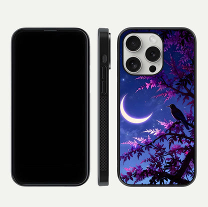 Crow & Moon Scenery Glass Case for iPhone 16 Pro dual-view layout displaying night sky art and curved glass edges