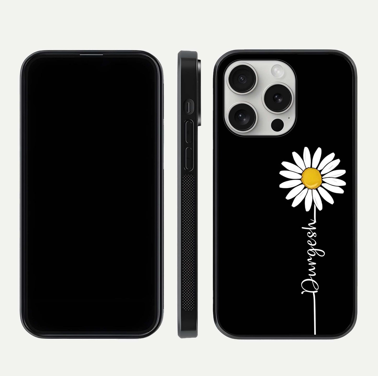 Custom Name White Flower Glass Case for iPhone 16 Pro dual-view layout showing elegant floral tone and curved edge finish