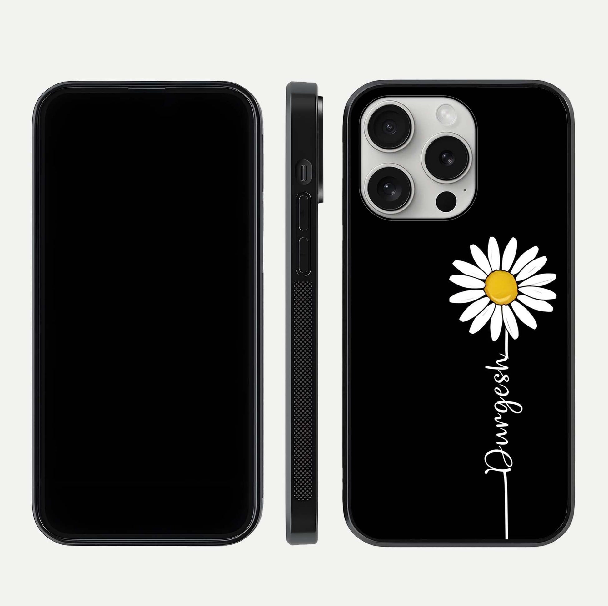 Custom Name White Flower Glass Case for iPhone 16 Pro dual-view layout showing elegant floral tone and curved edge finish