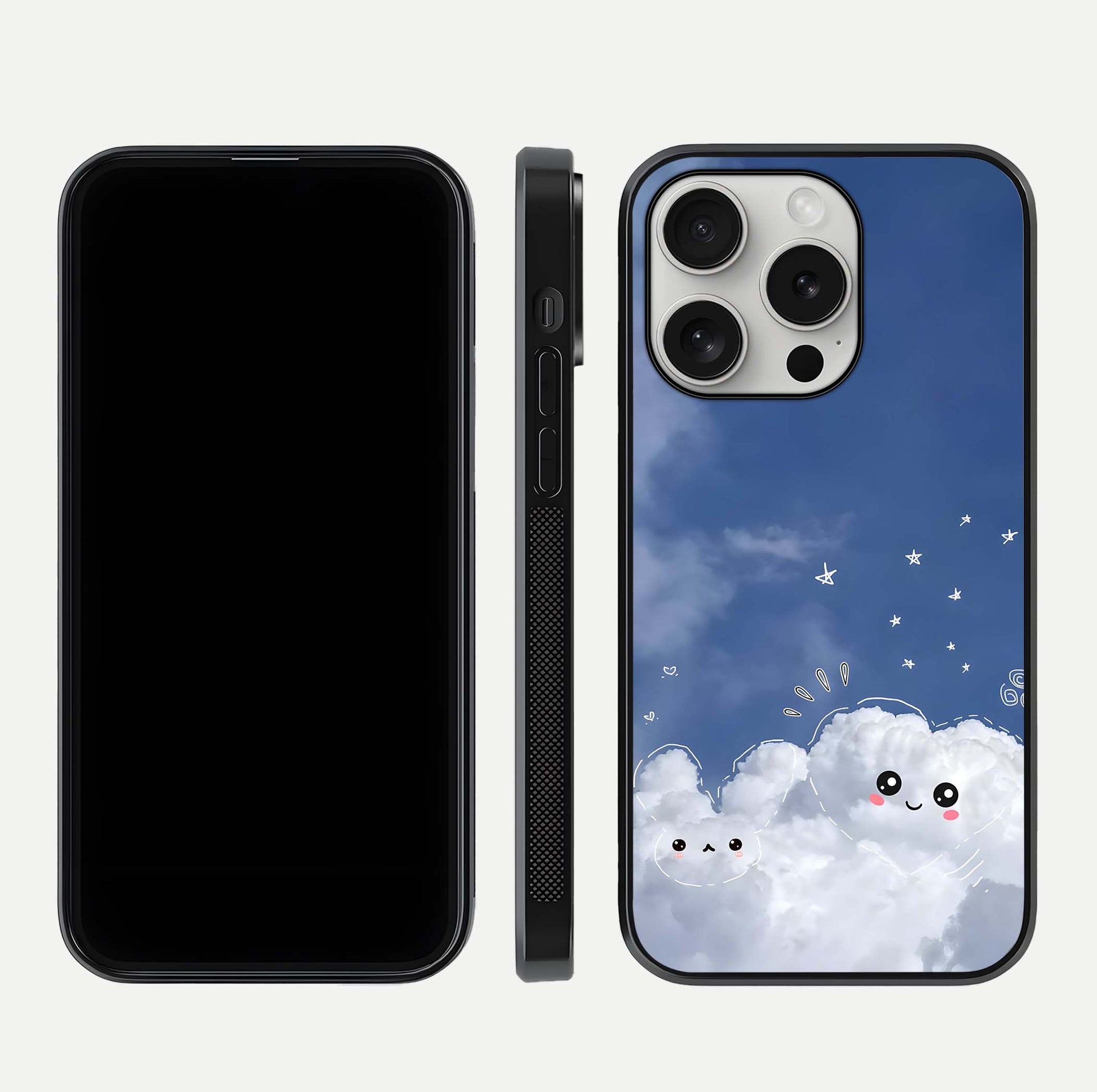 Cute Blossom Cloud Glass Case for iPhone 16 Pro dual-view layout displaying cute floral clouds and polished edge