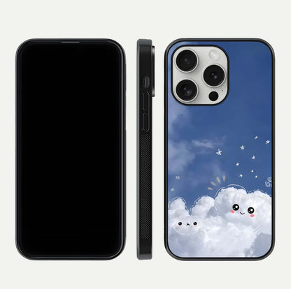 Cute Blossom Cloud Glass Case for iPhone 16 Pro dual-view layout displaying cute floral clouds and polished edge