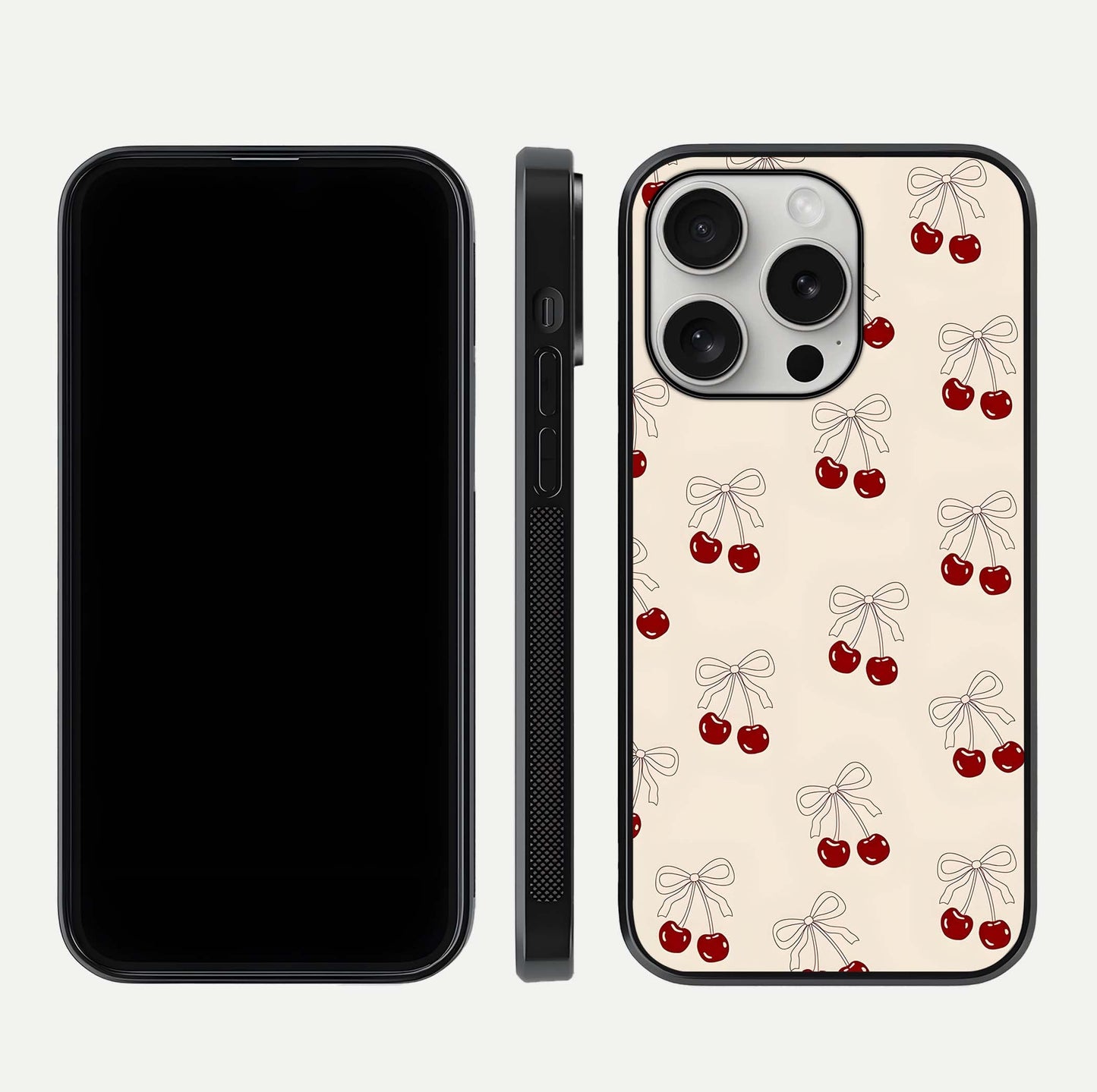 Cute Cherry Pattern Glass Case for iPhone 16 Pro dual-view layout displaying aesthetic fruit print and smooth edges