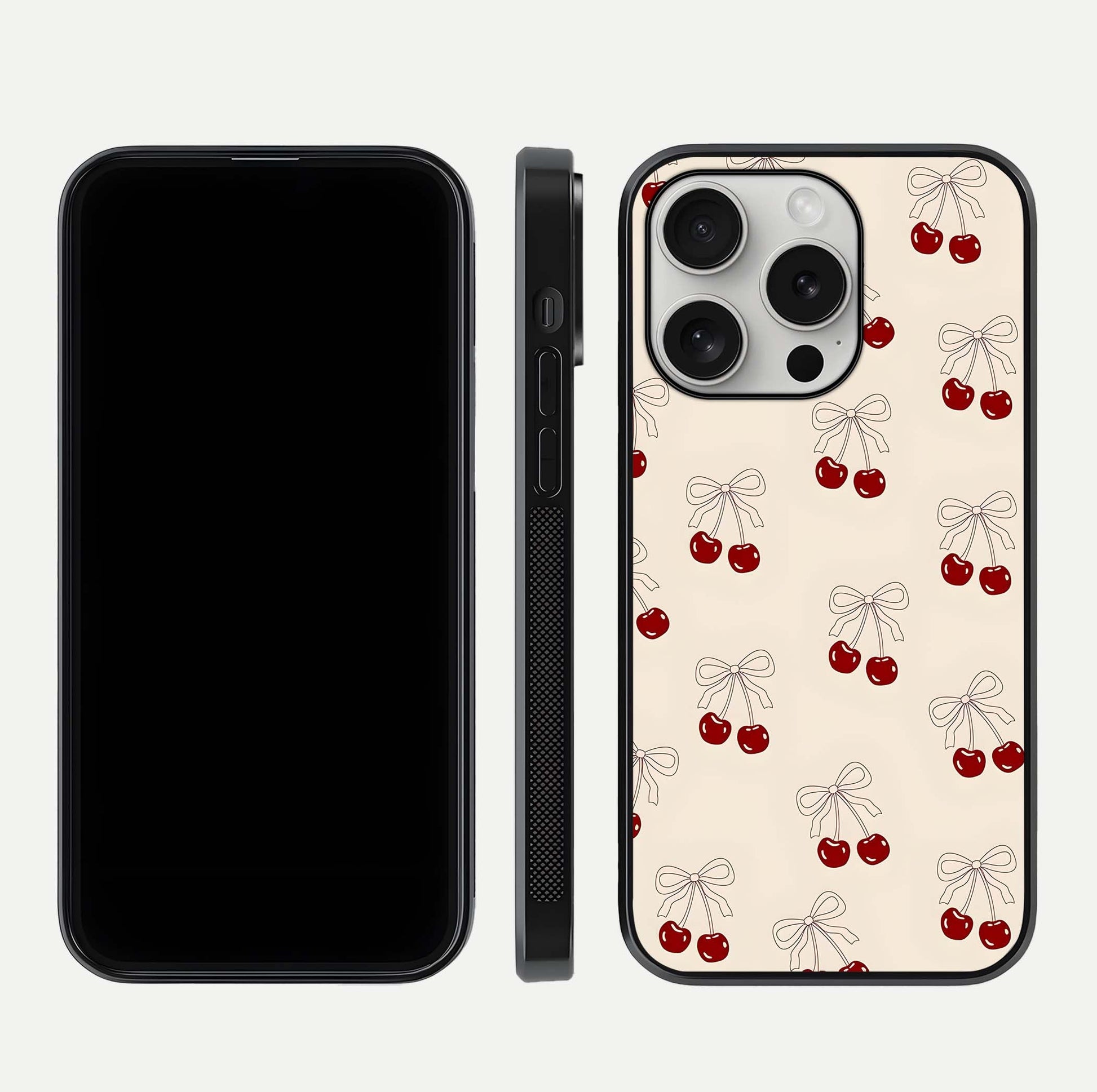 Cute Cherry Pattern Glass Case for iPhone 16 Pro dual-view layout displaying aesthetic fruit print and smooth edges