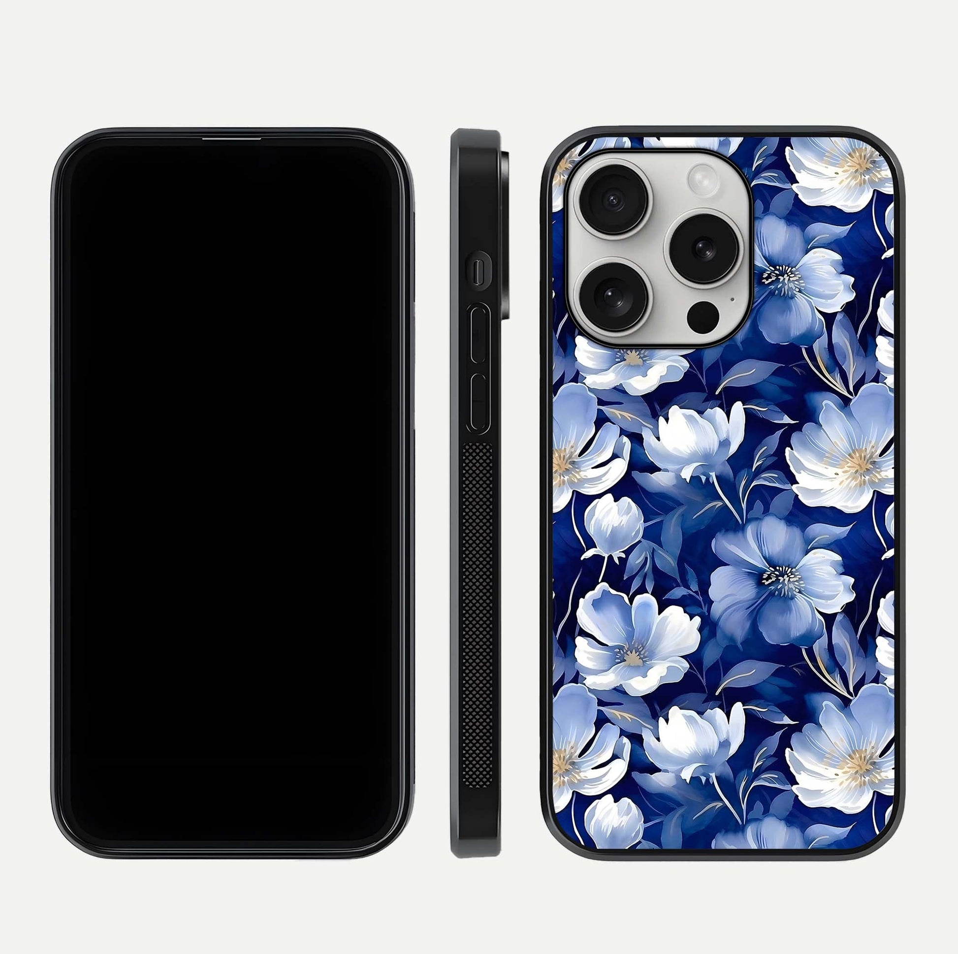 Cute Floral Patterns Glass Case for iPhone 16 Pro dual-view layout displaying HD floral print and curved edges