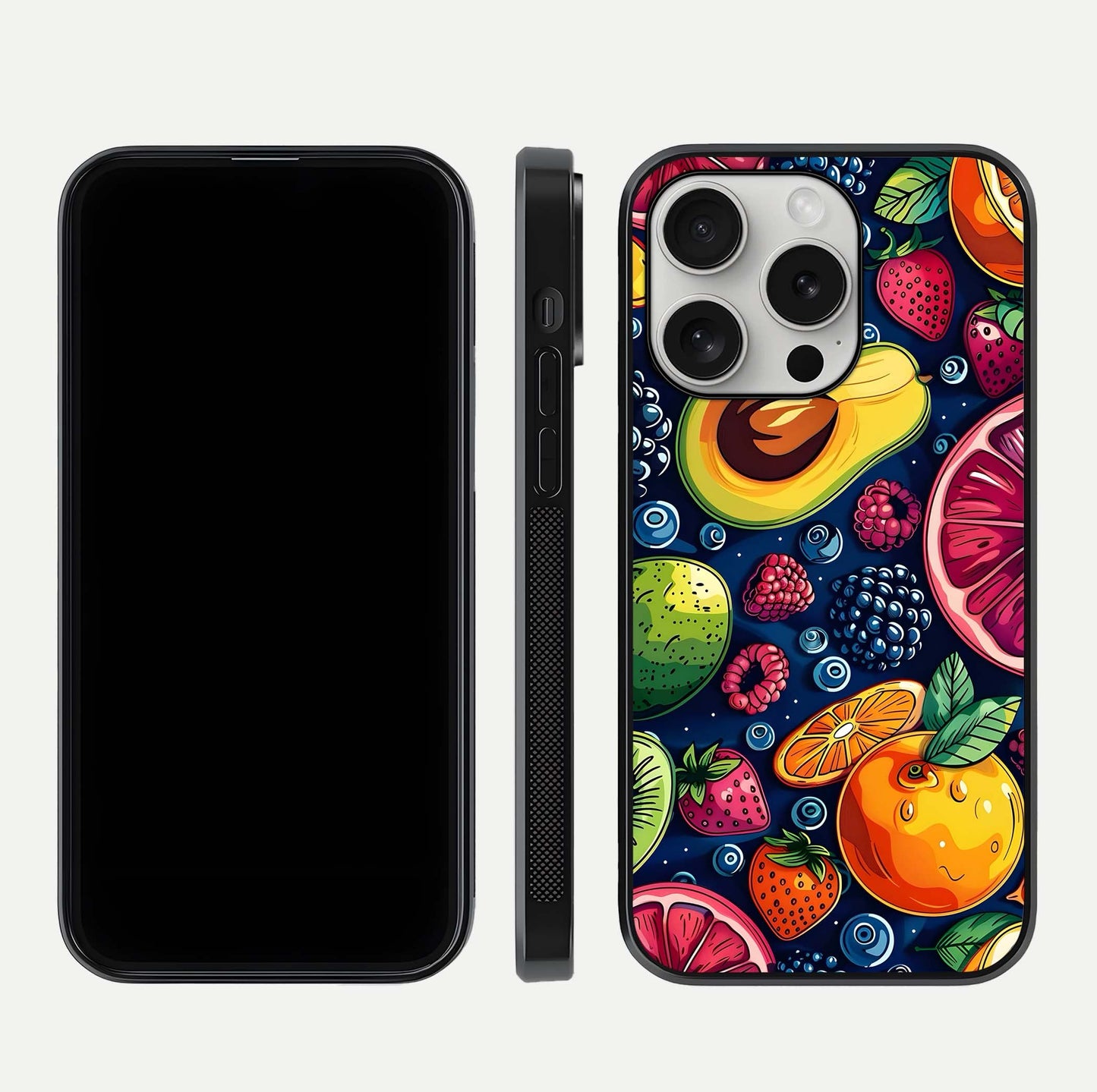 Cute Fruits Art Glass Case for iPhone 16 Pro dual-view layout displaying playful tones and curved design