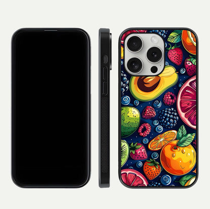 Cute Fruits Art Glass Case for iPhone 16 Pro dual-view layout displaying playful tones and curved design