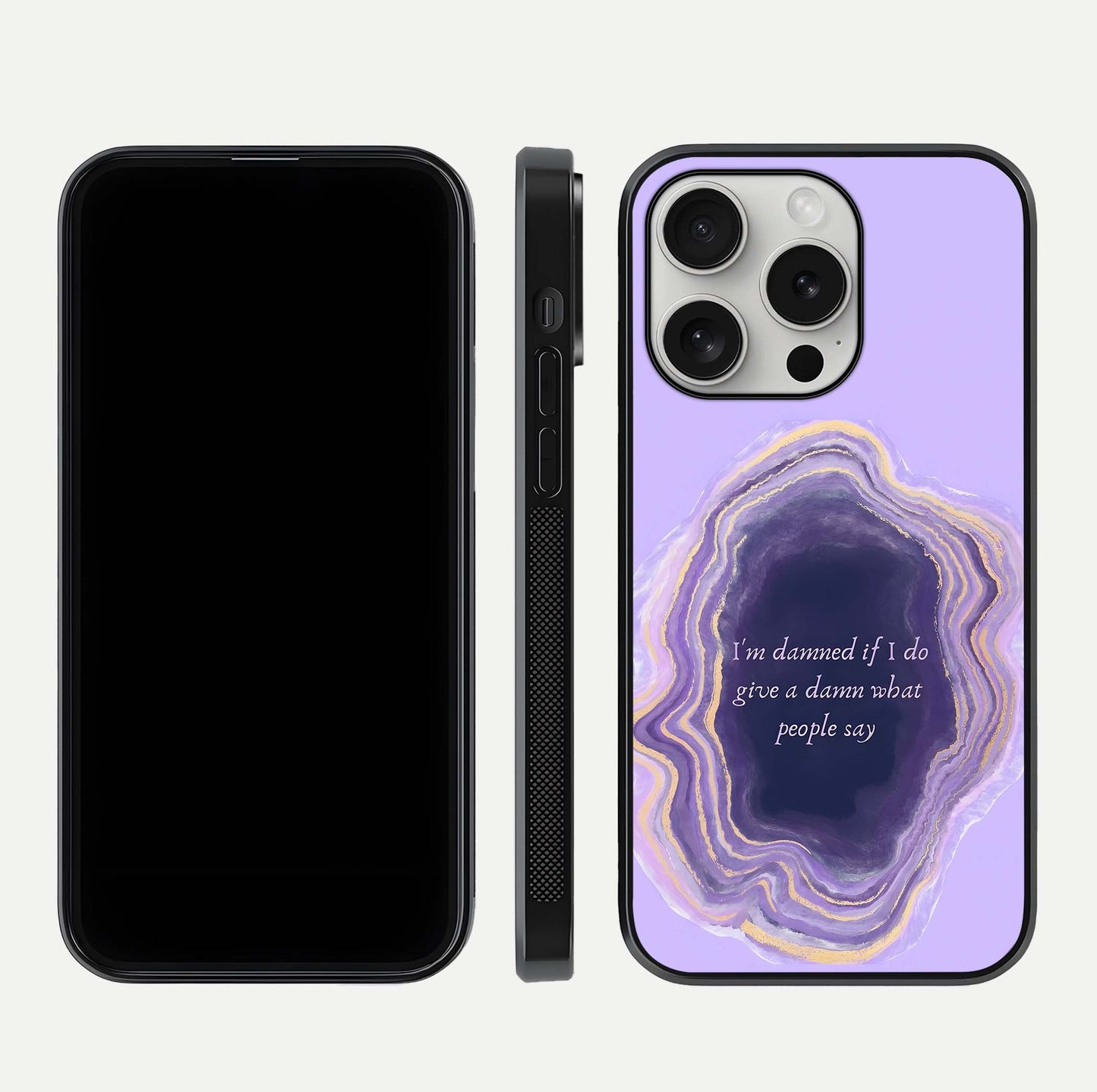 Damned People Quote Glass Case for iPhone 16 Pro dual-view layout displaying modern print and glass clarity