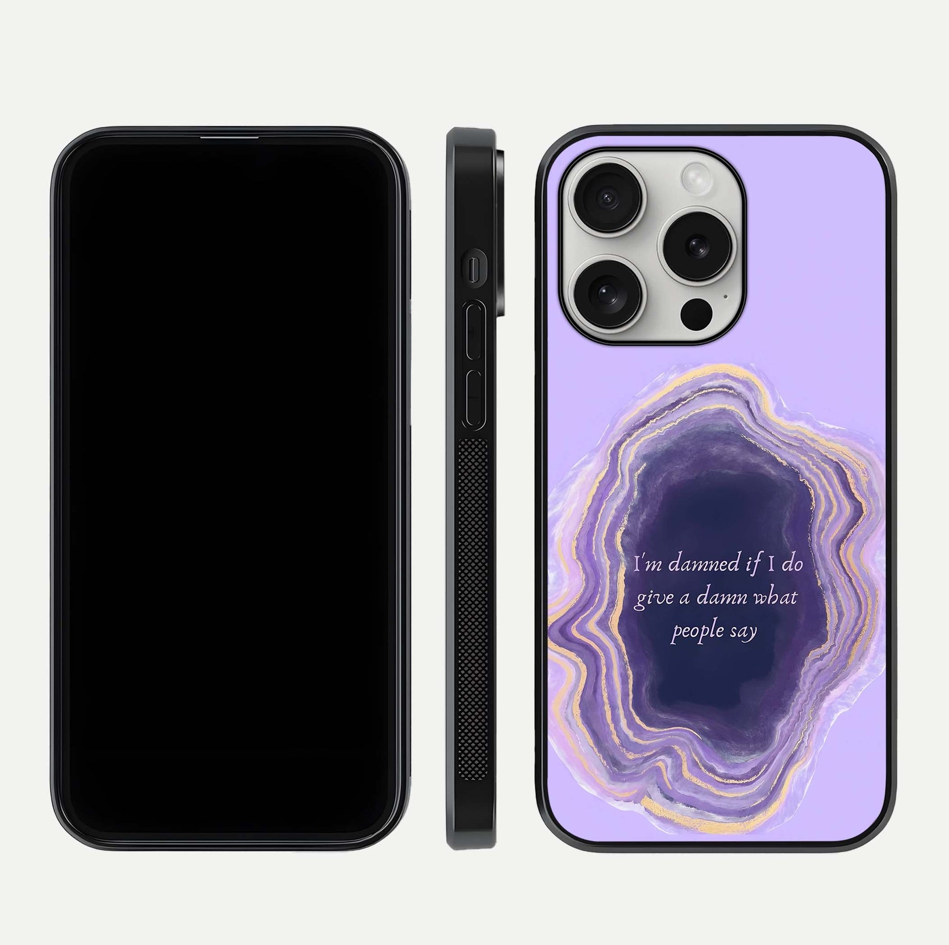 Damned People Quote Glass Case for iPhone 16 Pro dual-view layout displaying modern print and glass clarity