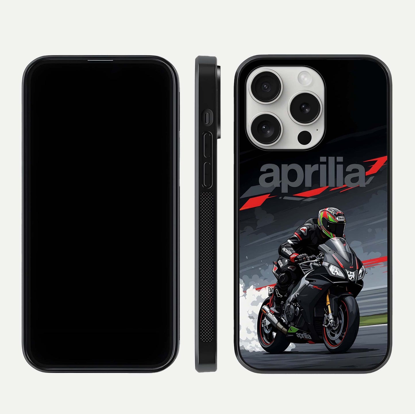 Dark Aprilla Glass Case for iPhone 16 Pro dual-view layout displaying sleek racing look and HD shine