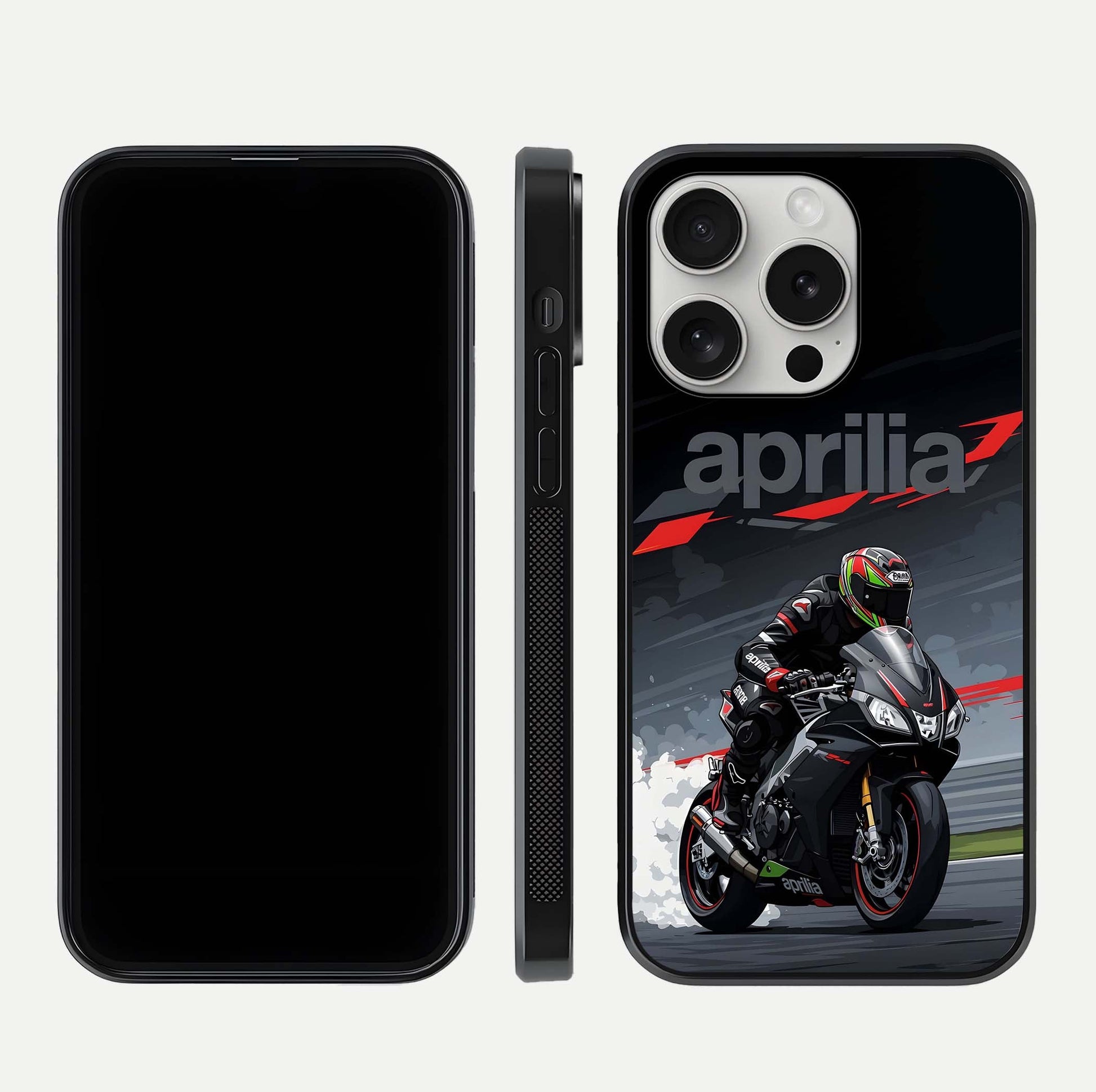 Dark Aprilla Glass Case for iPhone 16 Pro dual-view layout displaying sleek racing look and HD shine