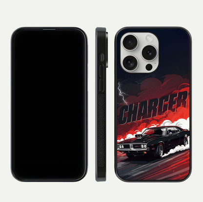 Dark Charger Fury Glass Case for iPhone 16 Pro dual-view layout displaying HD design and polished edges