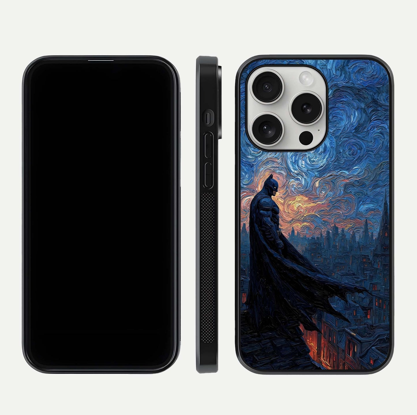 Dark Knight Dusk Glass Case for iPhone 16 Pro dual-view layout displaying HD hero print and curved glass edges