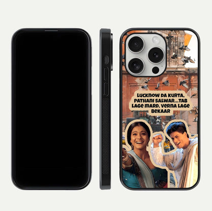 Desi Retro Vibes Glass Case for iPhone 16 Pro dual-view layout showing nostalgic design and smooth glass curve