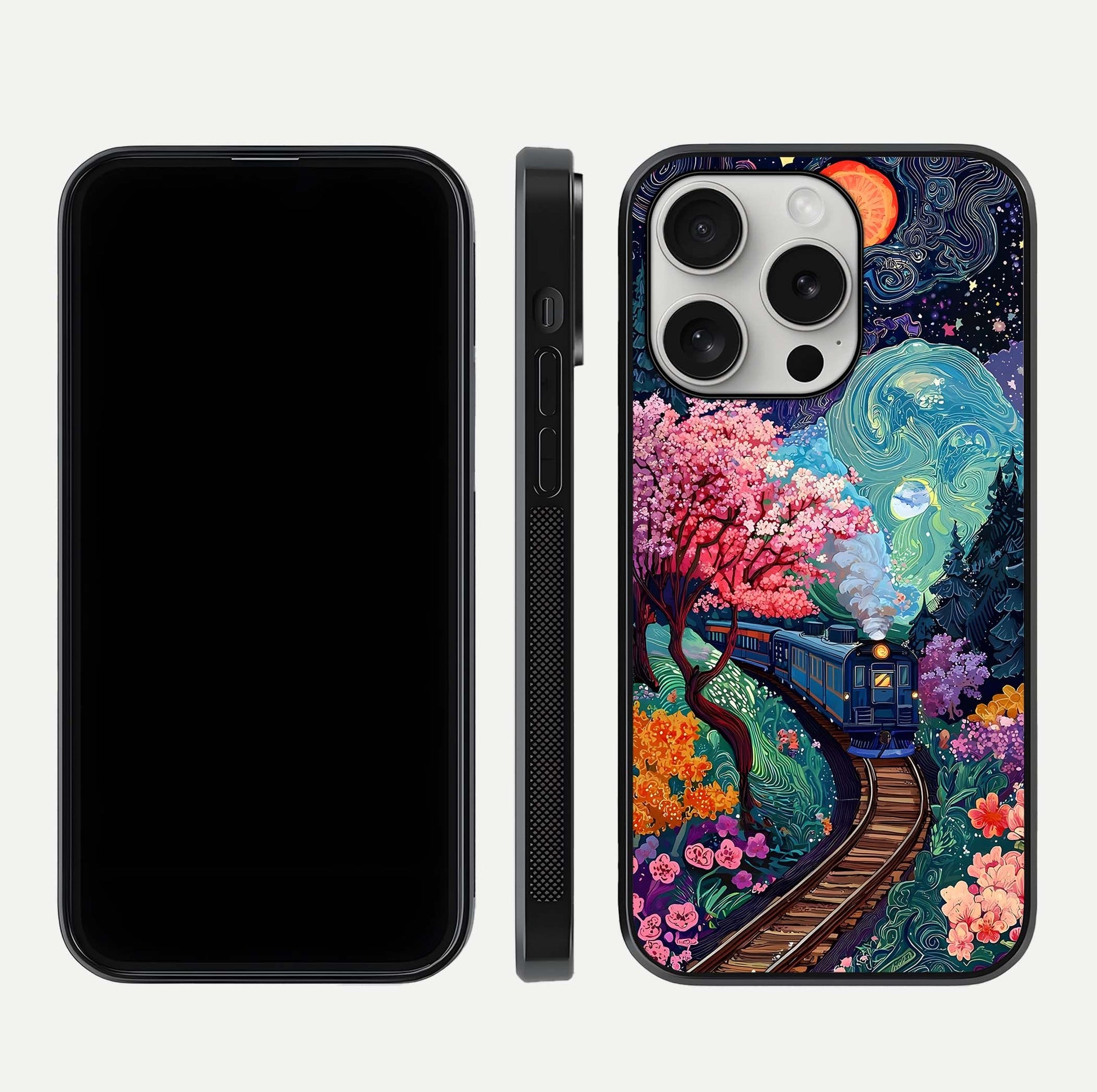 Digital Art Glass Case for iPhone 16 Pro dual-view layout displaying artistic tones and curved glass edge
