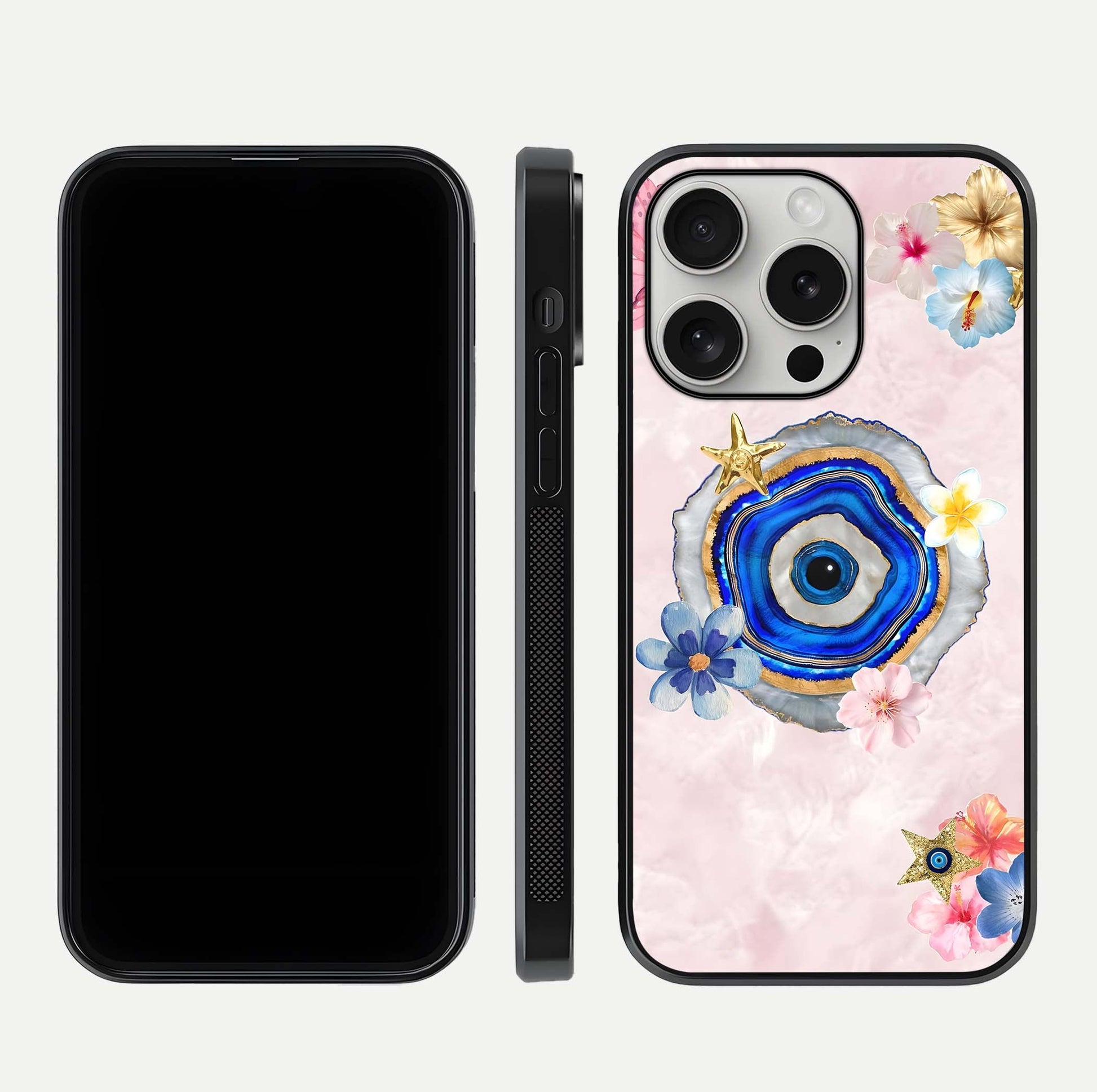 Divine Aura Bloom Glass Case for iPhone 16 Pro dual-view layout displaying divine color tones and smooth edges