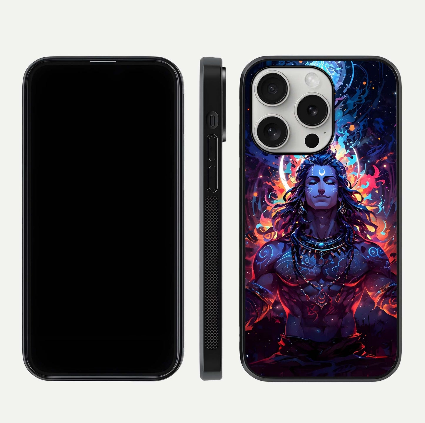 Divine Fire Shiv Glass Case for iPhone 16 Pro dual-view layout displaying HD deity print and curved edges