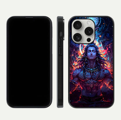 Divine Fire Shiv Glass Case for iPhone 16 Pro dual-view layout displaying HD deity print and curved edges