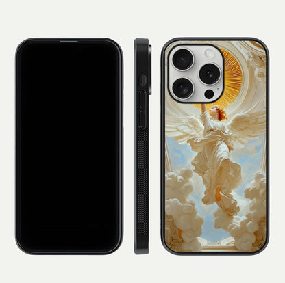 Divine Light Angel Glass Case for iPhone 16 Pro dual-view layout displaying celestial tones and smooth curves