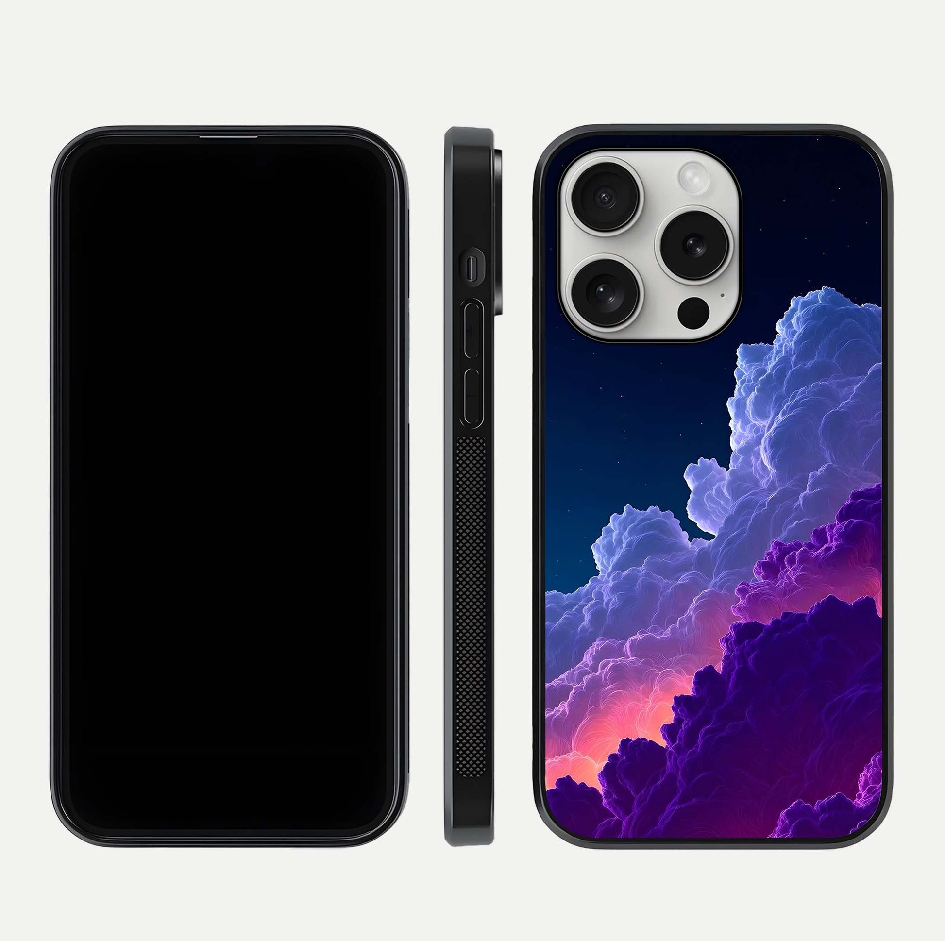 Dreamy Cloud Skies Glass Case for iPhone 16 Pro dual-view layout displaying calm sky art and smooth curve