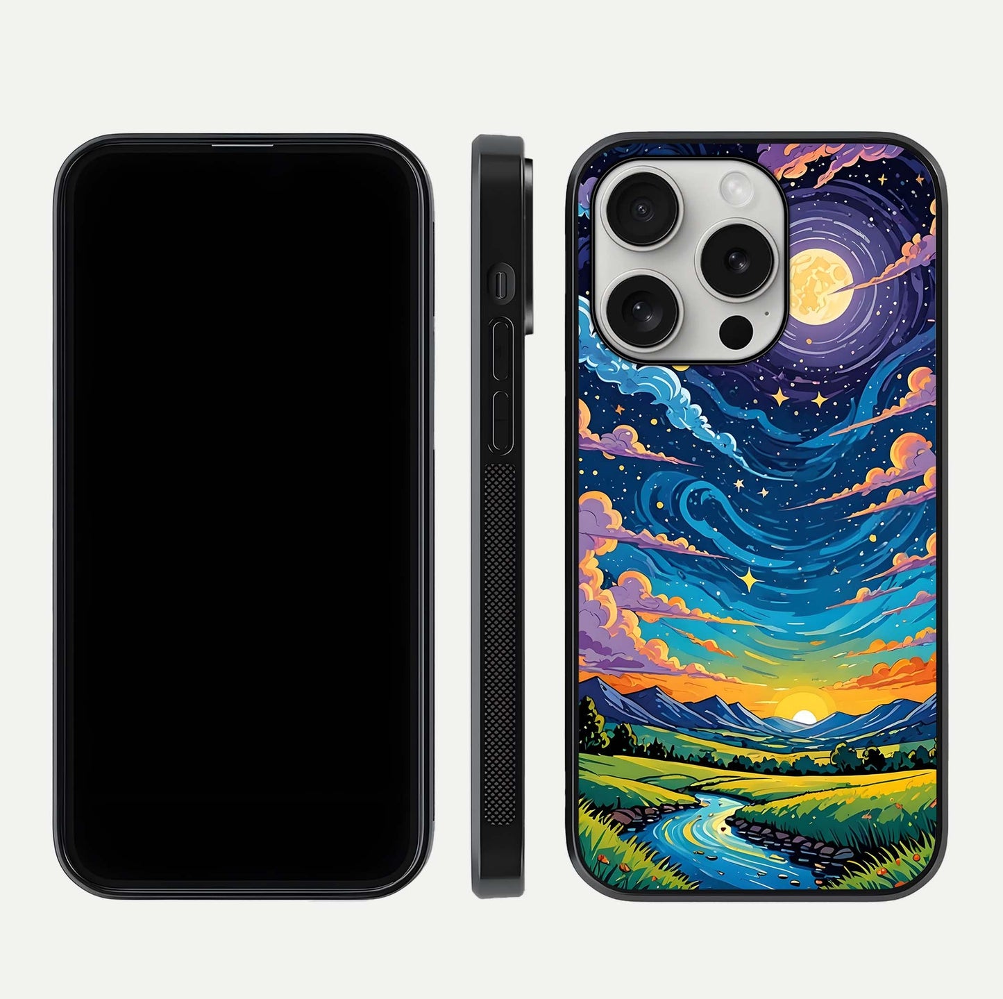 Dreamy Night Landscape Glass Case for iPhone 16 Pro dual-view layout displaying HD print and curved glass edges