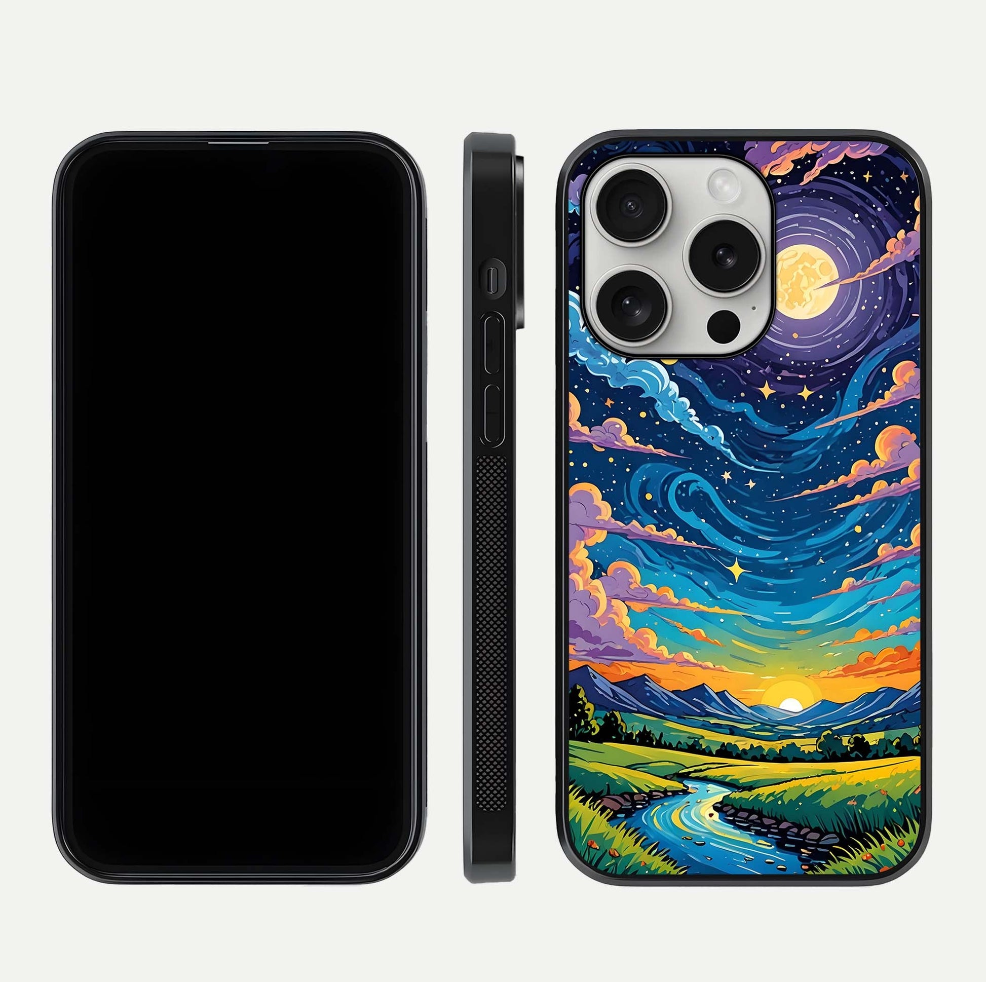 Dreamy Night Landscape Glass Case for iPhone 16 Pro dual-view layout displaying HD print and curved glass edges