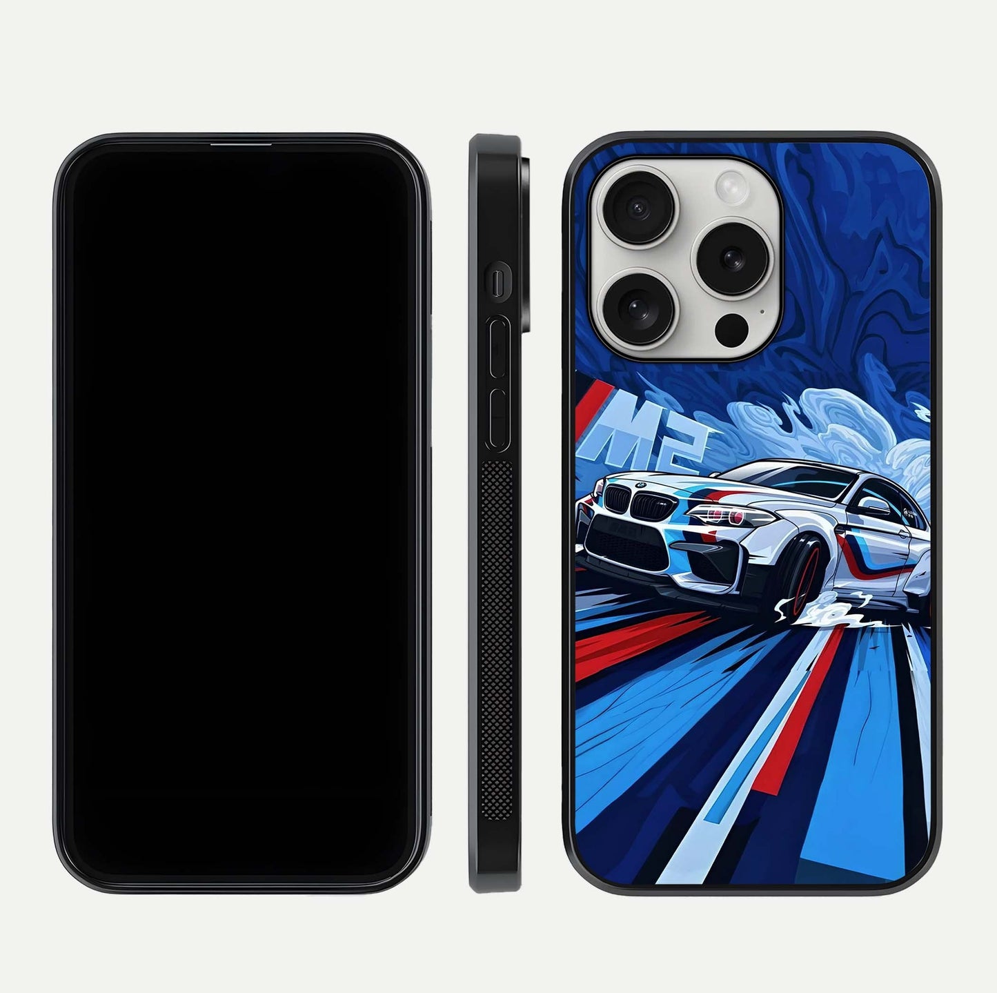 Drift Power Rush Glass Case for iPhone 16 Pro dual-view layout displaying dynamic motion art and HD gloss