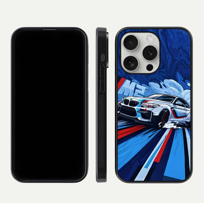 Drift Power Rush Glass Case for iPhone 16 Pro dual-view layout displaying dynamic motion art and HD gloss
