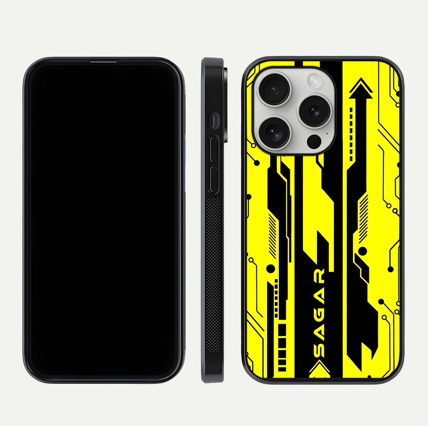 Electric Pulse CYBERPUNK Custom Name Glass Case for iPhone 16 Pro dual-view layout displaying futuristic hues and curved glass edges