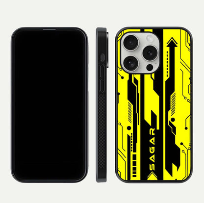 Electric Pulse CYBERPUNK Custom Name Glass Case for iPhone 16 Pro dual-view layout displaying futuristic hues and curved glass edges