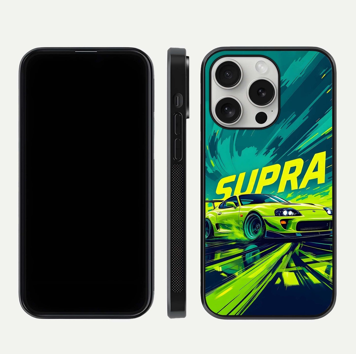 Electric Supra Thunder Glass Case for iPhone 16 Pro dual-view layout displaying dynamic motion art and curved finish