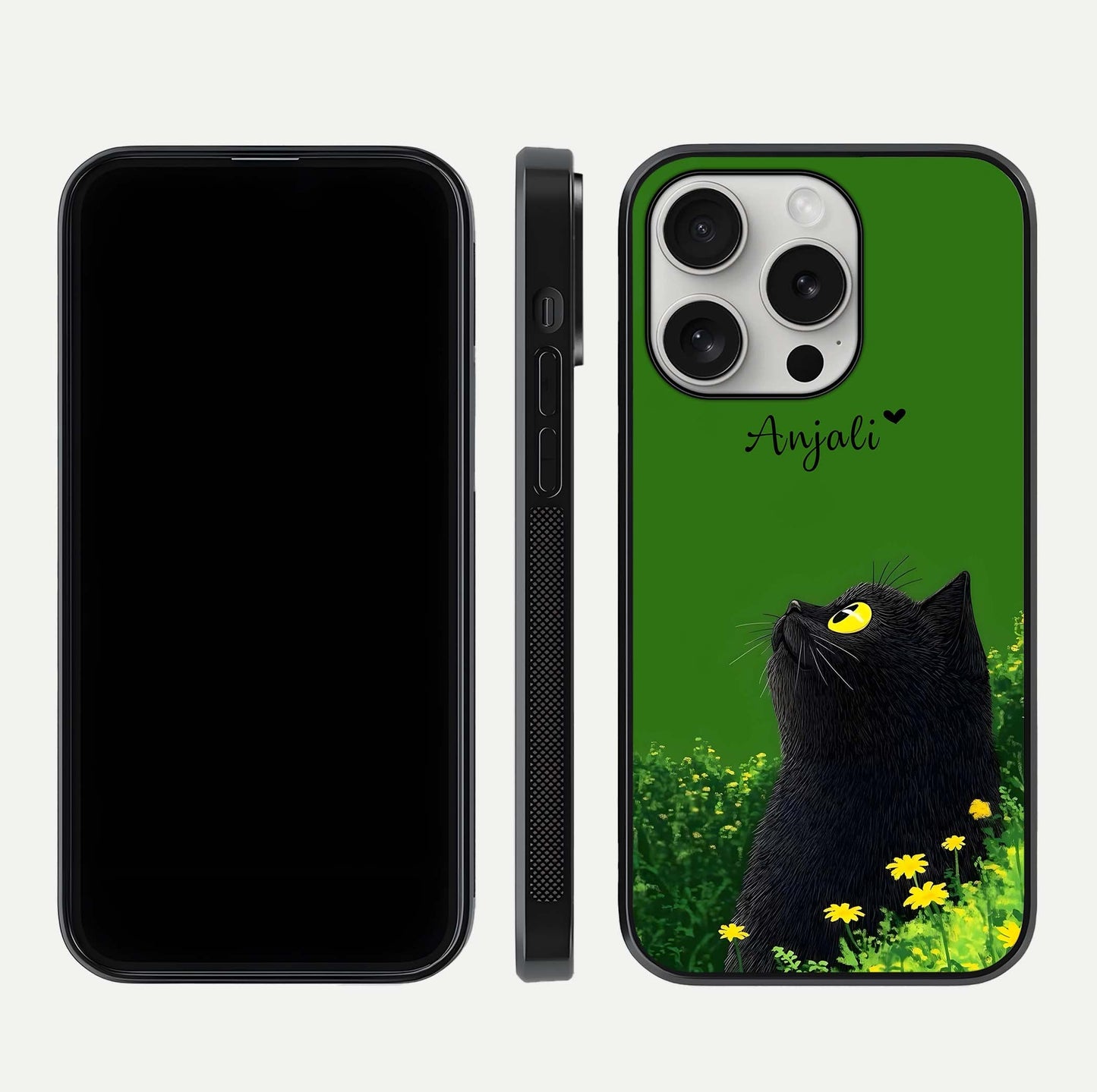 Emerald Cat Custom Name Glass Case for iPhone 16 Pro dual-view layout displaying artistic tones and smooth curves
