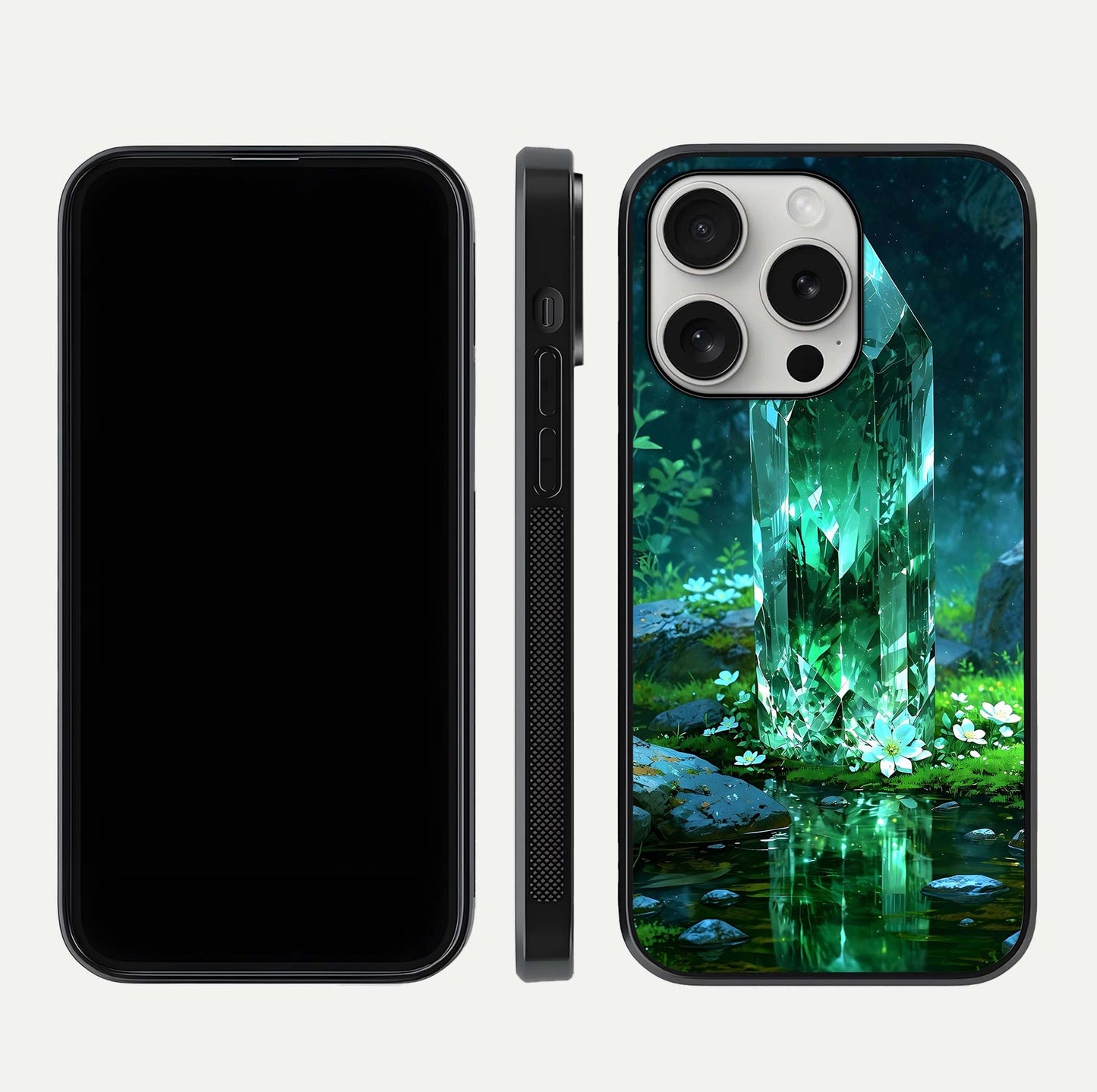Emerald Light Crystal Glass Case for iPhone 16 Pro dual-view layout displaying gem-like tones and polished edge