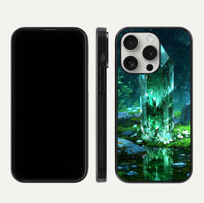 Emerald Light Crystal Glass Case for iPhone 16 Pro dual-view layout displaying gem-like tones and polished edge