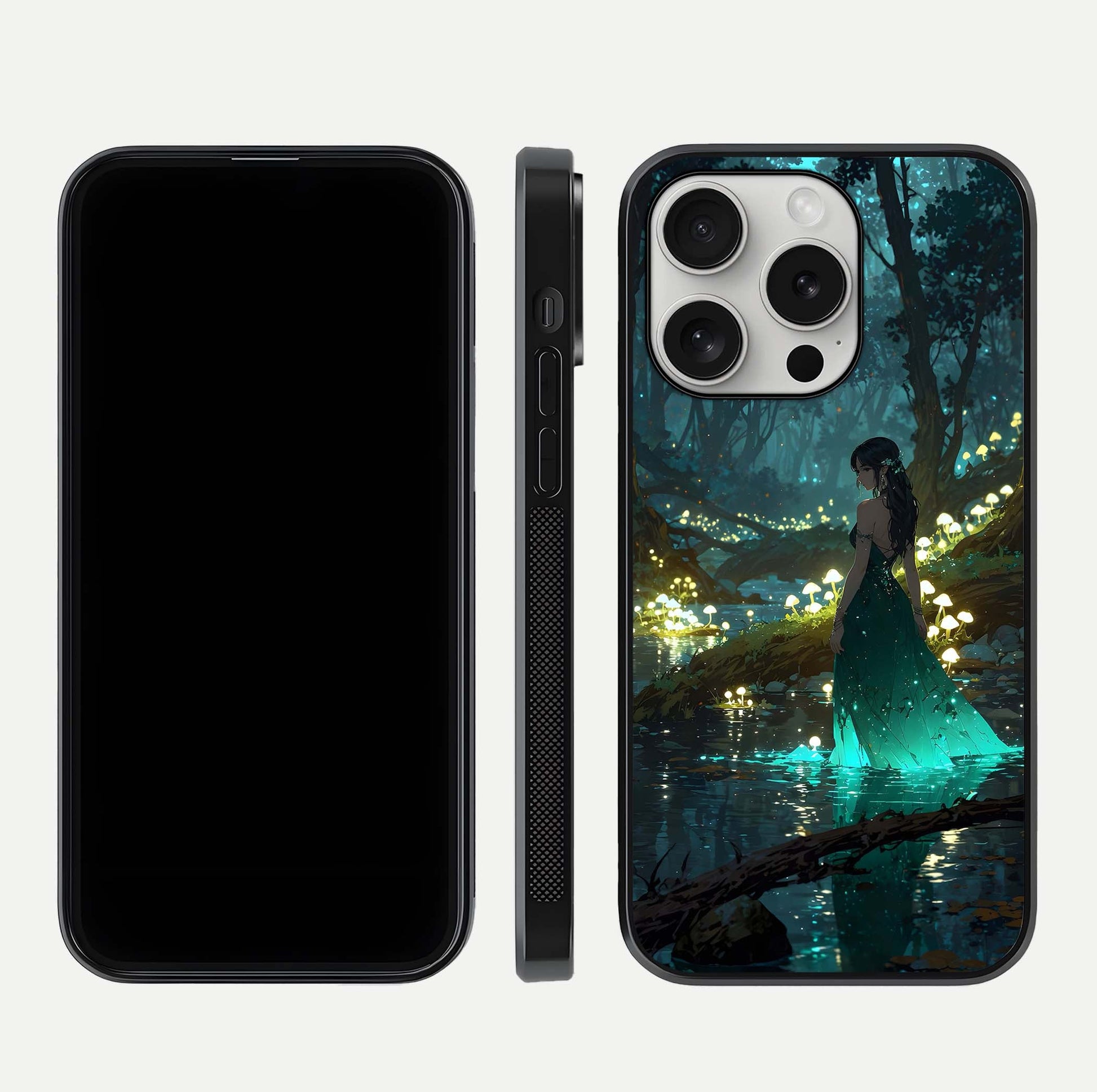 Enchanted Forest Glow Glass Case for iPhone 16 Pro dual-view layout displaying green tones and smooth glass