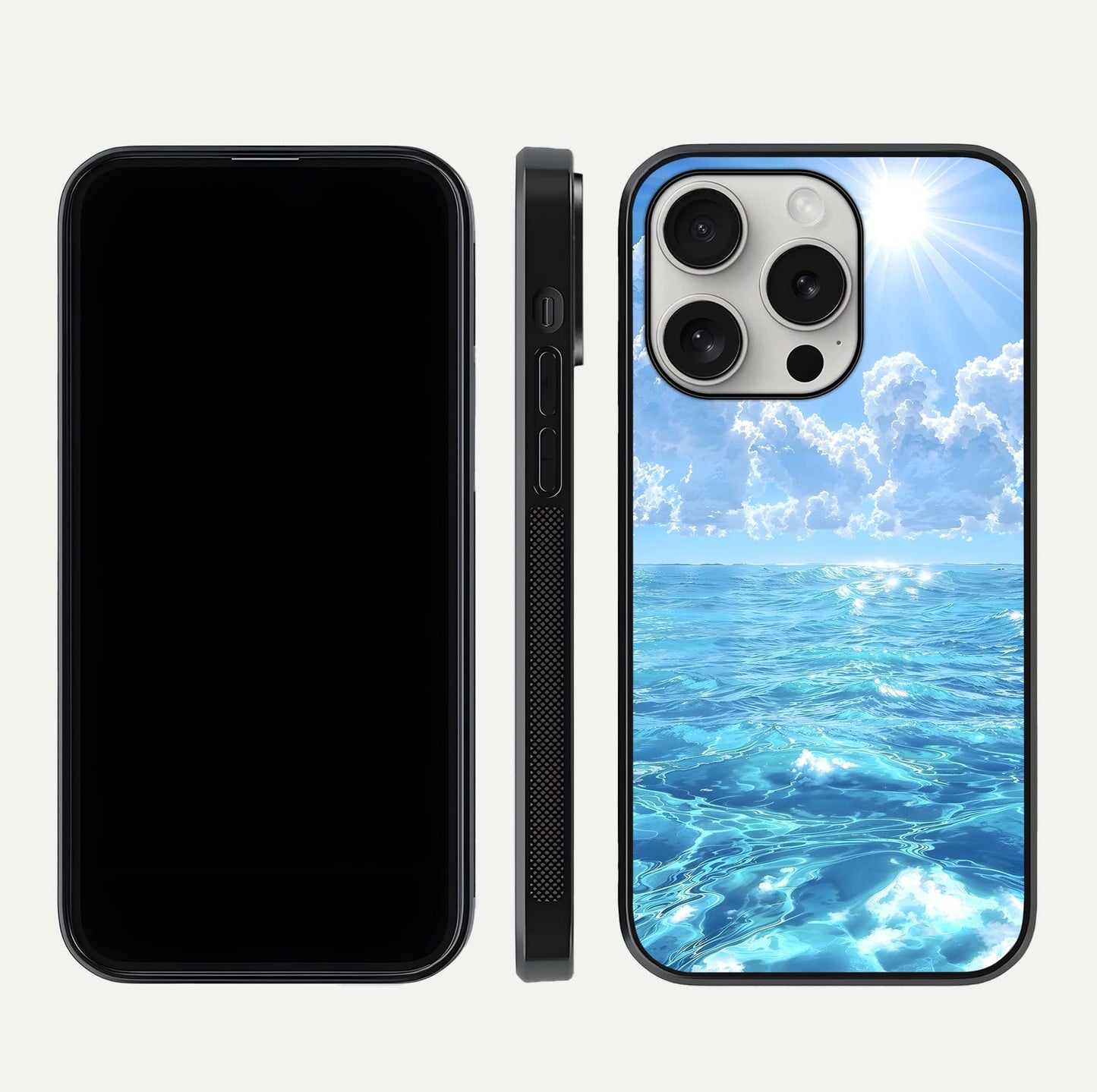 Endless Ocean Horizon Glass Case for iPhone 16 Pro dual-view layout displaying calm seascape and curved edges