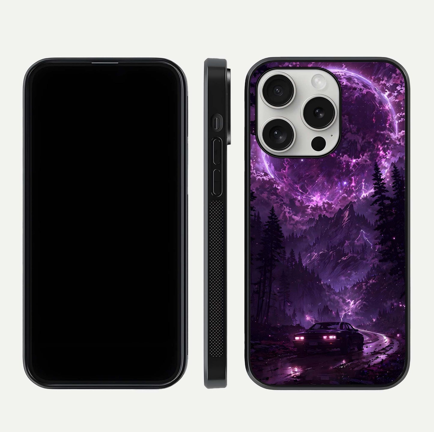 Eternal Cosmic Drive Glass Case for iPhone 16 Pro dual-view layout displaying outer-space tones and curved finish