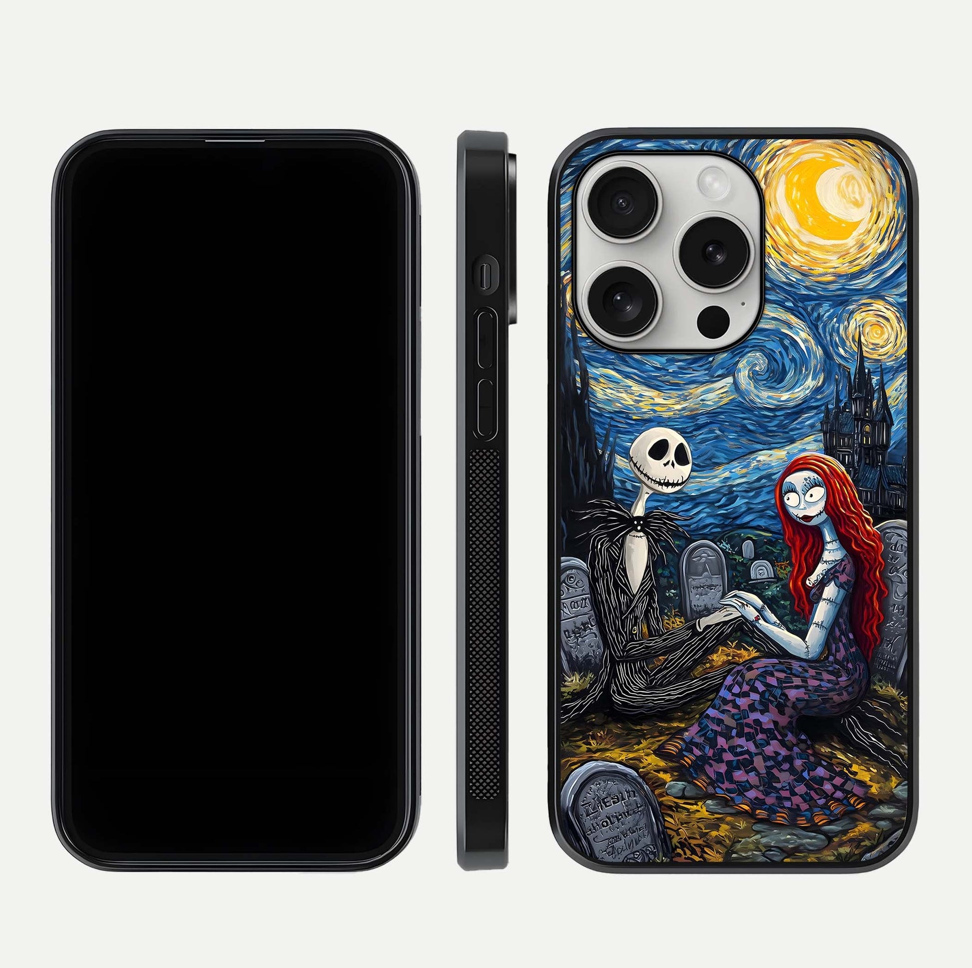 Eternal Night Love Glass Case for iPhone 16 Pro dual-view layout displaying HD art and curved polish