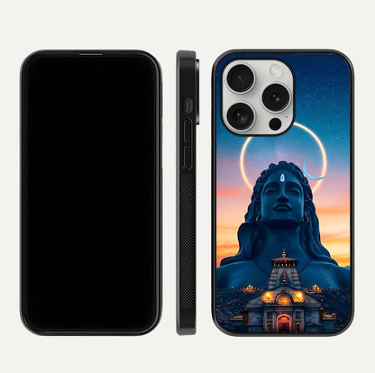 Eternal Shiva Aura Glass Case for iPhone 16 Pro dual-view layout displaying HD deity print and smooth edge