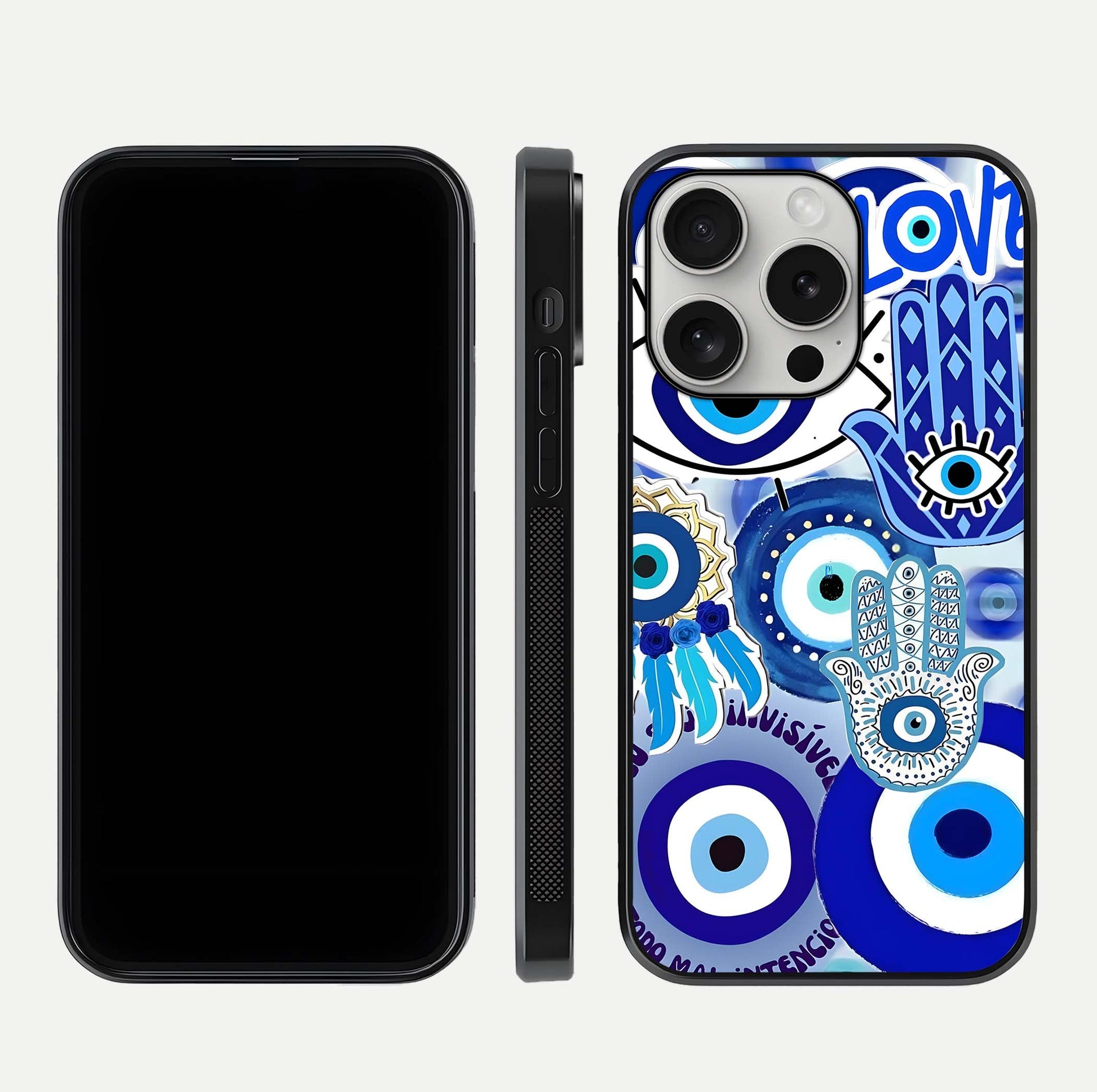 Evil Eyes Dream Glass Case for iPhone 16 Pro dual-view layout displaying spiritual motif and polished curved edge