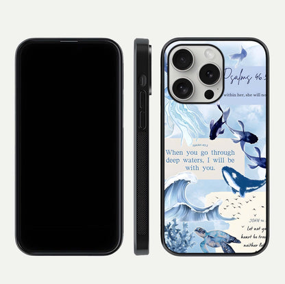 Faithful Ocean Promise Glass Case for iPhone 16 Pro dual-view layout showing sea horizon art and curved polish