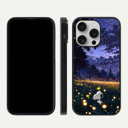 Firefly Meadow Magic Glass Case for iPhone 16 Pro dual-view layout displaying enchanting tones and curved edges